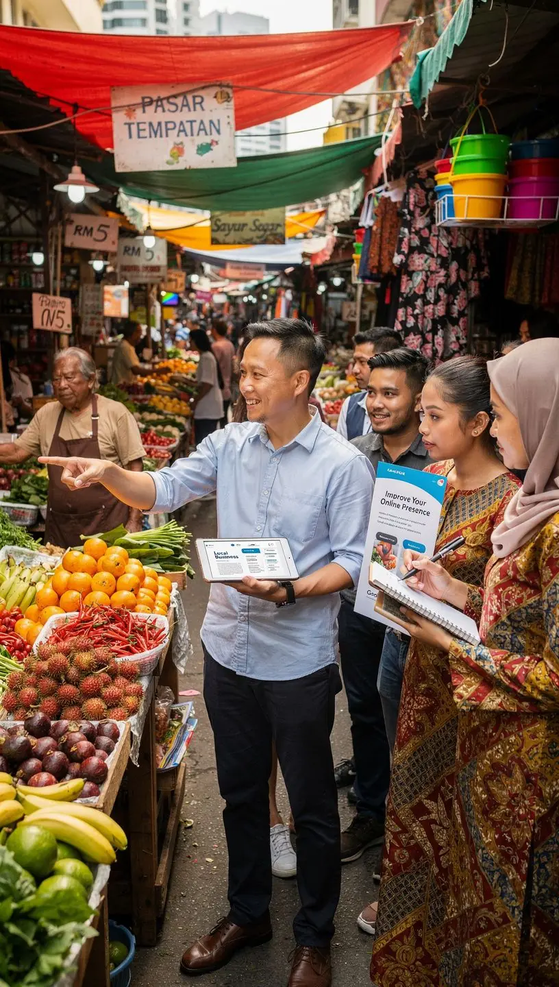 A team of professionals collaborating on a digital marketing strategy in an office setting