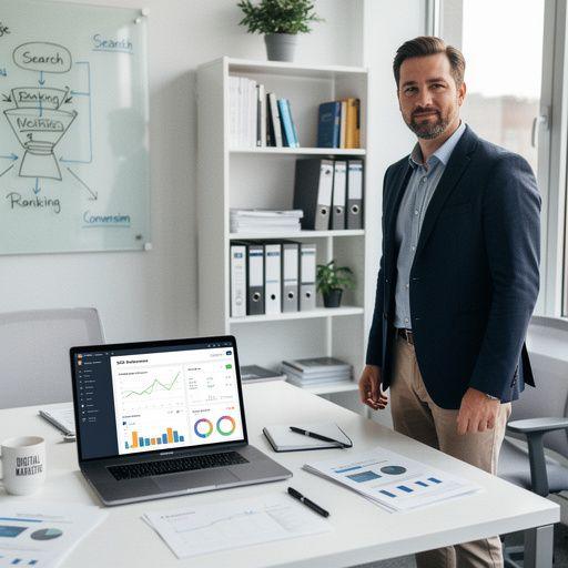 A group of professionals collaborating on a digital marketing strategy for improved search rankings.